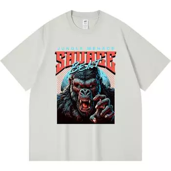 230GSM 100% Cotton T-Shirt Savage Beast Print Tees Funny Harajuku Style Combed Cotton Tshirt XS абрикосовый