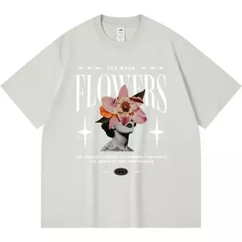 230GSM 100% Cotton T-Shirt She Wear Flowers Print Tees Funny Harajuku Style Combed Cotton Tshirt XS абрикосовый