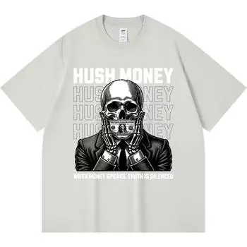 230GSM 100% Cotton T-Shirt Skeleton mouth hush money Print Tees Funny Harajuku Style Combed Cotton Tshirt XS абрикосовый