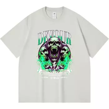 230GSM 100% Cotton T-Shirt Skull Devour Fire Print Tees Funny Harajuku Style Combed Cotton Tshirt XS абрикосовый