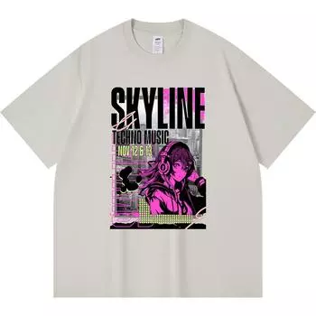 230GSM 100% Cotton T-Shirt Skyline Print Tees Funny Harajuku Style Combed Cotton Tshirt XS абрикосовый