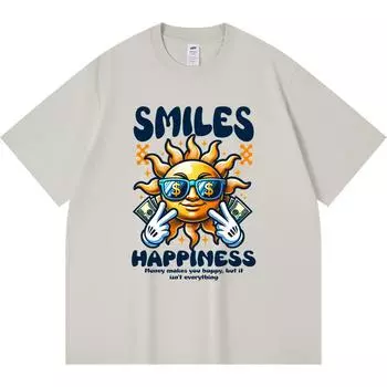 230GSM 100% Cotton T-Shirt Smiles Happiness Print Tees Funny Harajuku Style Combed Cotton Tshirt XS абрикосовый