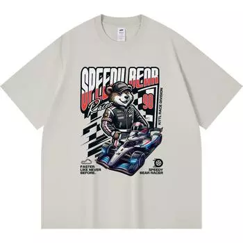 230GSM 100% Cotton T-Shirt Speedy Bear Racer Print Tees Funny Harajuku Style Combed Cotton Tshirt XS абрикосовый