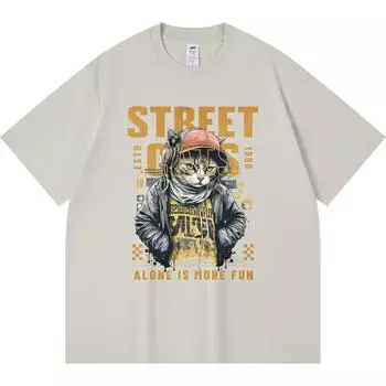 230GSM 100% Cotton T-Shirt Street Cats Alone is More Fun Print Tees Funny Harajuku Style Combed Cotton Tshirt XS абрикосовый