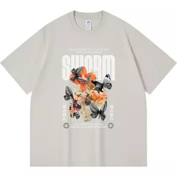 230GSM 100% Cotton T-Shirt Swarm Butterfly On Flowers Print Tees Funny Harajuku Style Combed Cotton Tshirt XS абрикосовый