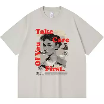 230GSM 100% Cotton T-Shirt Take Care Of You First Print Tees Funny Harajuku Style Combed Cotton Tshirt XS абрикосовый