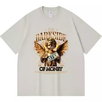 230GSM 100% Cotton T-Shirt The Darkside Of Money Print Tees Funny Harajuku Style Combed Cotton Tshirt XS абрикосовый