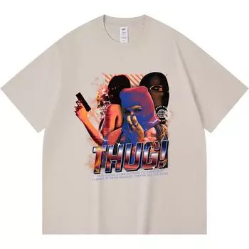 230GSM 100% Cotton T-Shirt Thug! Print Tees Funny Harajuku Style Combed Cotton Tshirt XS абрикосовый