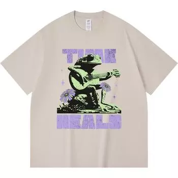 230GSM 100% Cotton T-Shirt Time Heals Frog Musician Print Tees Funny Harajuku Style Combed Cotton Tshirt XS абрикосовый