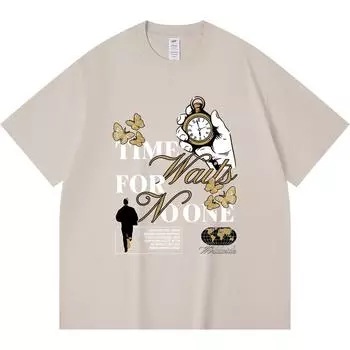 230GSM 100% Cotton T-Shirt Time Waits For No One Print Tees Funny Harajuku Style Combed Cotton Tshirt XS абрикосовый