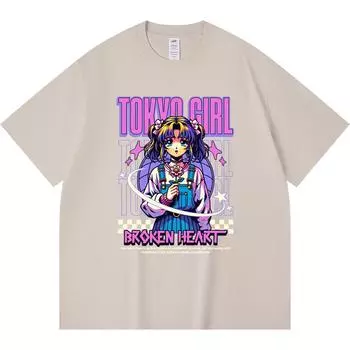 230GSM 100% Cotton T-Shirt Tokyo Girl Print Tees Funny Harajuku Style Combed Cotton Tshirt XS абрикосовый
