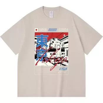 230GSM 100% Cotton T-Shirt Tokyo Print Tees Funny Harajuku Style Combed Cotton Tshirt XS абрикосовый