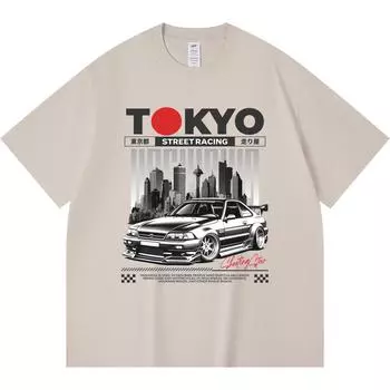230GSM 100% Cotton T-Shirt Tokyo Street Racing Print Tees Funny Harajuku Style Combed Cotton Tshirt XS абрикосовый