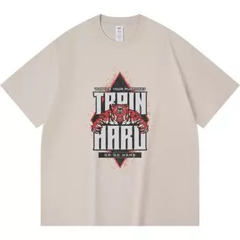 230GSM 100% Cotton T-Shirt Train Hard Print Tees Funny Harajuku Style Combed Cotton Tshirt XS абрикосовый