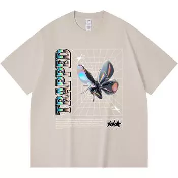 230GSM 100% Cotton T-Shirt Trapped Y2K Print Tees Funny Harajuku Style Combed Cotton Tshirt XS абрикосовый