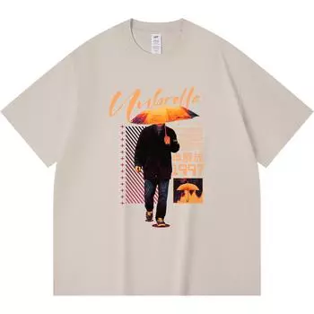 230GSM 100% Cotton T-Shirt Umbrella Print Tees Funny Harajuku Style Combed Cotton Tshirt XS абрикосовый