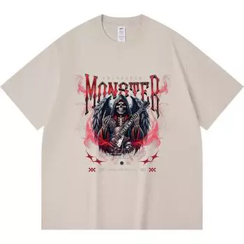 230GSM 100% Cotton T-Shirt Unleashed Monster Print Tees Funny Harajuku Style Combed Cotton Tshirt XS абрикосовый