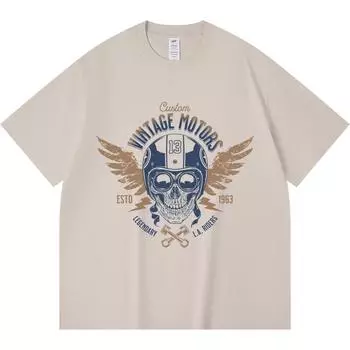 230GSM 100% Cotton T-Shirt Vintage Motors Biker Skull Print Tees Funny Harajuku Style Combed Cotton Tshirt XS абрикосовый