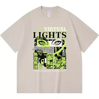 230GSM 100% Cotton T-Shirt Virtual Lights Neon Futuristic City Print Tees Funny Harajuku Style Combed Cotton Tshirt XS абрикосовый