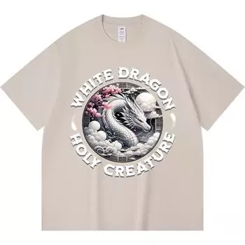 230GSM 100% Cotton T-Shirt White Dragon Holly Creature Print Tees Funny Harajuku Style Combed Cotton Tshirt XS абрикосовый