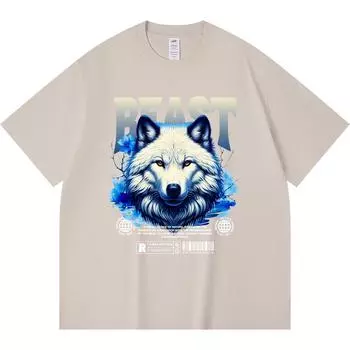 230GSM 100% Cotton T-Shirt White Wolf Print Tees Funny Harajuku Style Combed Cotton Tshirt XS абрикосовый