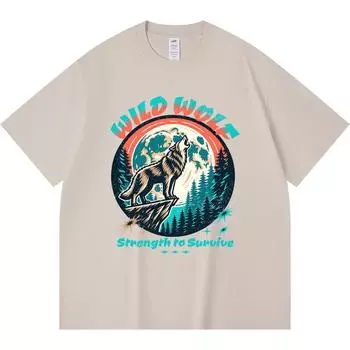 230GSM 100% Cotton T-Shirt Wild Wolf Print Tees Funny Harajuku Style Combed Cotton Tshirt XS абрикосовый