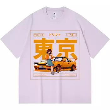 230GSM 100% Cotton T-Shirt Yellow & Black Drift Car Anime Style Print Tees Funny Harajuku Style Combed Cotton Tshirt XS абрикосовый