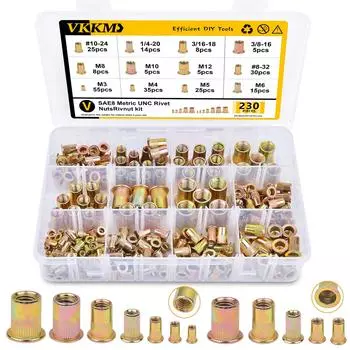 230Pcs metric and imperial mixed carbon steel rivet nut, zinc flat head insert nut kit