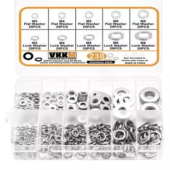230 шт., комбинация из плоской шайбы и стопорной шайбы из нержавеющей стали M3-M8