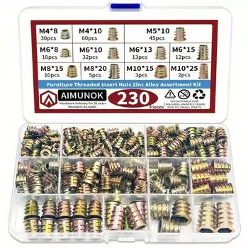230pcs Threaded Inserts Nuts, Threaded Wood Inserts Nuts Assortment Tool Kit, 11 Sizes Metric M4/M5/M6/M8/M10 Hex Socket For Wood 230pcs