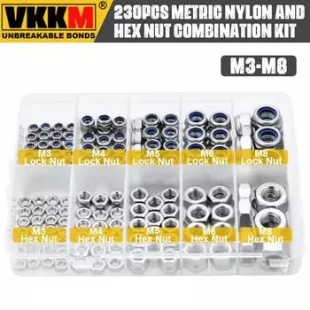 230шт (М3-М8) комбинированный комплект из метрического нейлонового замка и шестигранной гайки