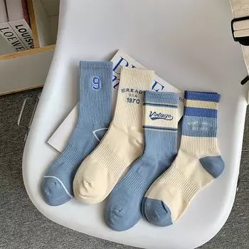 23 года синих носков, женские средние носки-трубы, полосатые носки из чесаного хлопка с вышивкой в стиле колледжа, нежные универсальные женские носки One Size белый