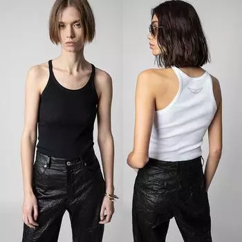 23 Summer New Arrival France Niche Style ZV Little Wing Print I-Shaped Thread Elastic Fabric Silm Slit Hemline at Hem Vest Black S