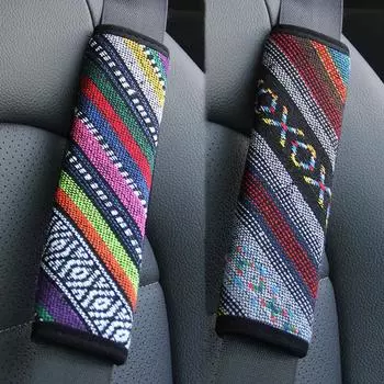 23cm Ethnic Style Car Seat Belt Shoulder Pad Cover Cotton Hemp Non-slip Seat Safety Belt Decoration Universal Car Accessories