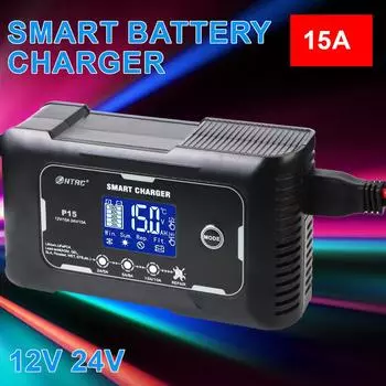 240 Вт 15 А Высокомощное интеллектуальное зарядное устройство с европейской вилкой для свинцово-кислотных литиевых аккумуляторов Lifepo4 AGM с ЖК-дисплеем и автоматическим импульсным ремонтом Black