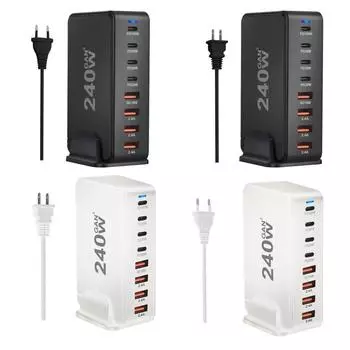 240 Вт Многофункциональное зарядное устройство USB-концентратор 4 USB A 4 USB C-концентратор PD-адаптер Зарядный блок Адаптер для ноутбуков, мобильных телефонов, планшетов US plug чёрный