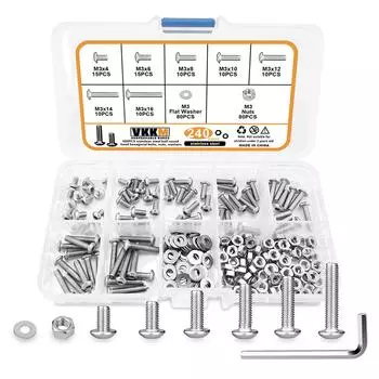 240Pcs M3 Hex Head Screws, M3x4/6/8/10/12/14/16mm Button Head Stainless Steel Internal Hexagon Screw Washer Nut Set