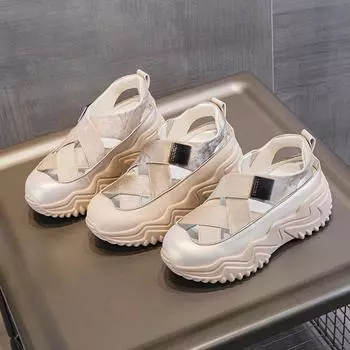 24113 Новые летние повседневные дышащие полые туфли на толстой подошве с пряжкой, женские босоножки с каблуком 7 см 33 абрикосовый