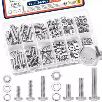 242pcs Stainless Steel Hex Head Nuts and Bolts Assortment Kit M4 M5 Sizes with Flat & Spring Lock Washers in Storage Case