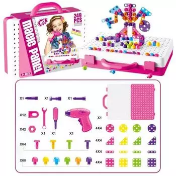 249 шт./компл. детский игрушечный ящик для инструментов с электрической дрелью, гаечным ключом, отверткой, винтами, гайками, обучающая головоломка, портативный игрушечный ящик для инструментов 1 Set