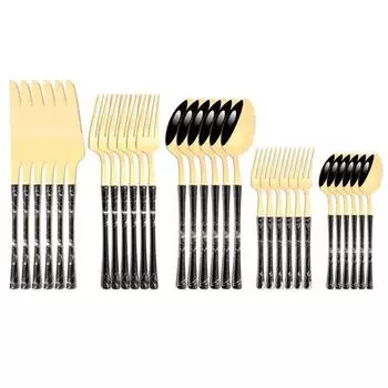 24/30 шт. наборы посуды из нержавеющей стали, черное золото, зеркало, деревянная и мраморная текстура, посуда, нож для западной еды, вилка, чайная ложка коричневый/серебряный