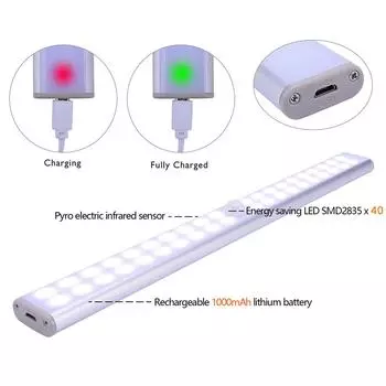 24/40/60 светодиодный USB перезаряжаемый светильник под шкафом беспроводной датчик движения светильник для шкафа магнитная полоса кухонный ночник для комнаты