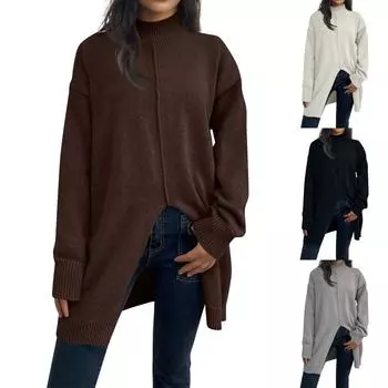 24/5000 Женский однотонный свитер с полувысоким воротом, однотонный свободный свитер с длинными рукавами и круглым вырезом большого размера S белый