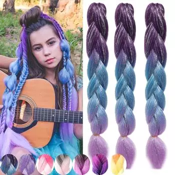 24 ДЮЙМА Блестящее плетение волос Волокно Шелковистое красочное плетение волос с блестками Блестящая мишура Наращивание волос Синтетические волосы Сверкающие блестящие мягкие