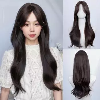 24-дюймовые парики цвета черного чая с густыми челками, разделенные волокна, синтетические, термостойкие, натуральные, для вечеринок или селфи для женщин, корейская мода 24inches золотой