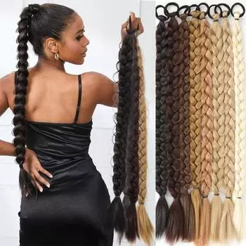 24-дюймовые плетеные длинные наращивания хвоста с резинкой для волос Синтетическое волокно Черные светлые косы Конский хвост Аксессуары для волос Для вечеринки Ежедневное использование 24INCH