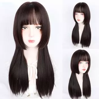 24-дюймовый длинный прямой парик с челкой, синтетическое волокно, термостойкий, не бликующий, натуральный, для косплея, для женщин, для ежедневного использования, корейская мода 24inches коричневый/чёрный