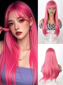 24-дюймовый длинный розовый синтетический прямой женский парик с челкой пушистый натуральный парик для косплея Лолиты из термостойких волос для рождественских и повседневных вечеринок