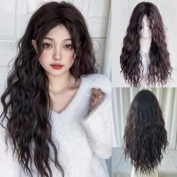 24-дюймовый парик с вьющейся волнистой челкой, волокно, синтетический парик, термостойкий, без бликов, натуральный, мягкий, косплей, шиньон для женщин, корейская мода 24inches коричневый/чёрный
