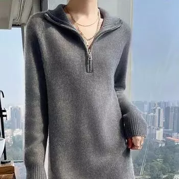 24 Fall and Winter 100% Pure Cashmere Dress Women s Mid Length Long Length Half Long-Sleeve Zipper Knitting Woolen Sweater Base Sweater Dress Grey Small size(40.00 kg-62.50 kg)